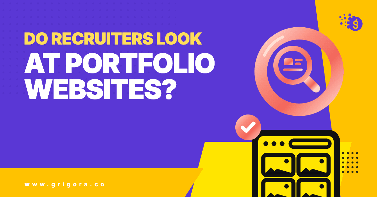 Do recruiters look at portfolio websites: Grigora guide cover with a magnifying glass over a profile card inside a coral ring, a pass mark, and a browser window of portfolio thumbnails