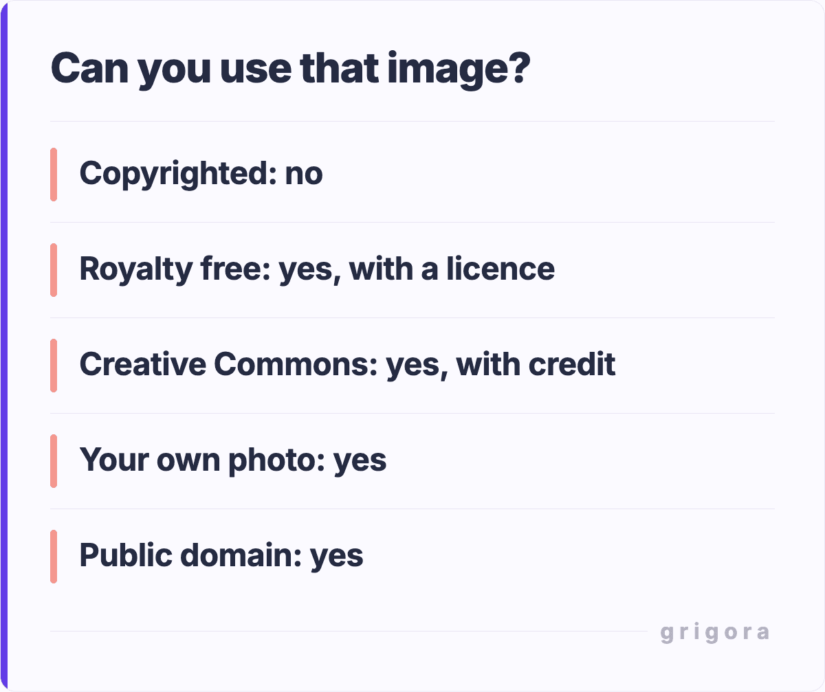 Can you use that image?: Copyrighted: no; Royalty free: yes, with a licence; Creative Commons: yes, with credit; Your own photo: yes; Public domain: yes