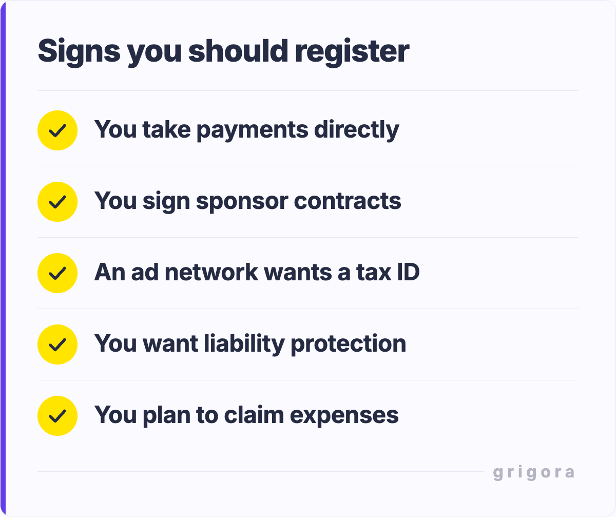 Signs you should register: You take payments directly; You sign sponsor contracts; An ad network wants a tax ID; You want liability protection; You plan to claim expenses
