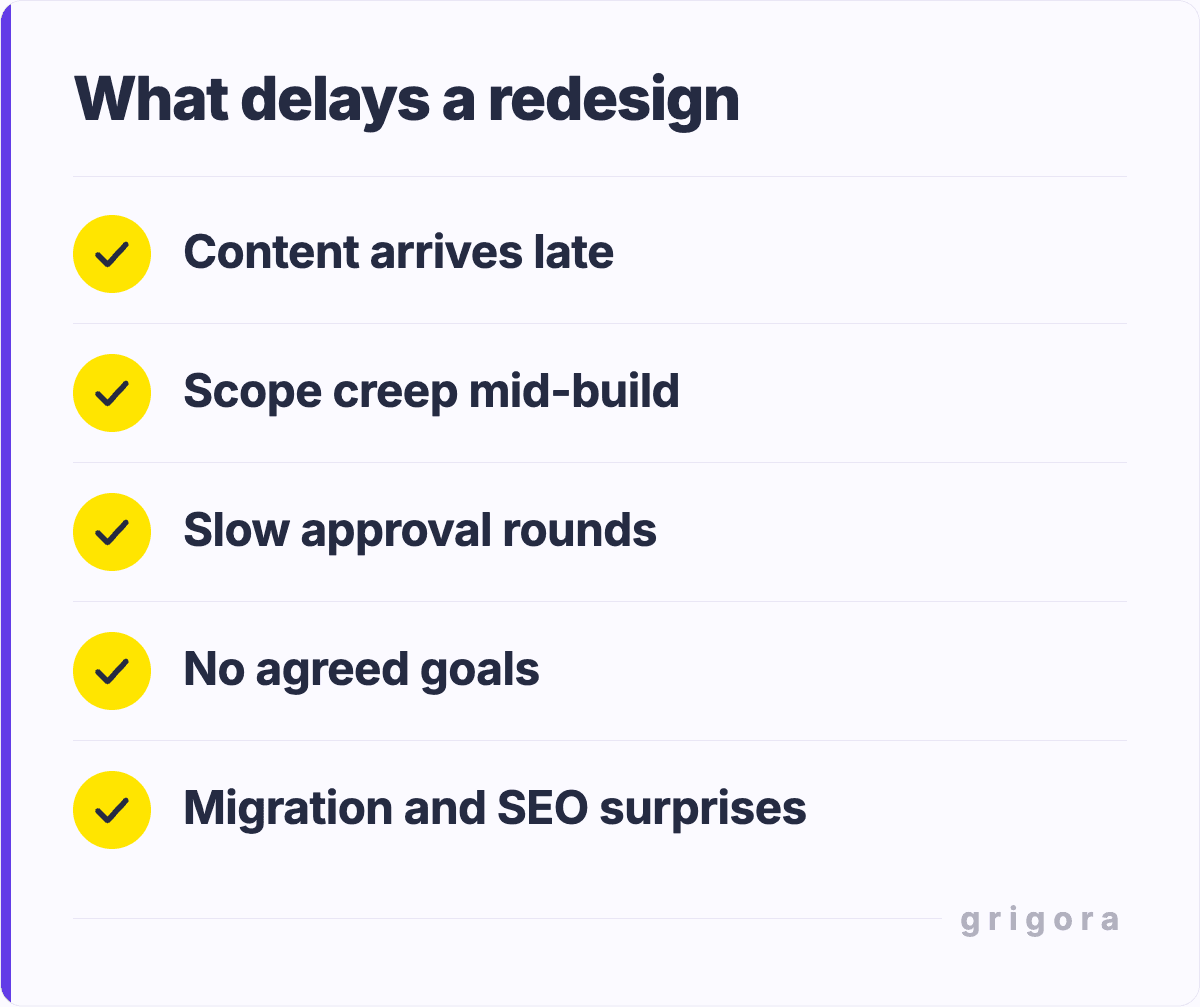 What delays a redesign: Content arrives late; Scope creep mid-build; Slow approval rounds; No agreed goals; Migration and SEO surprises
