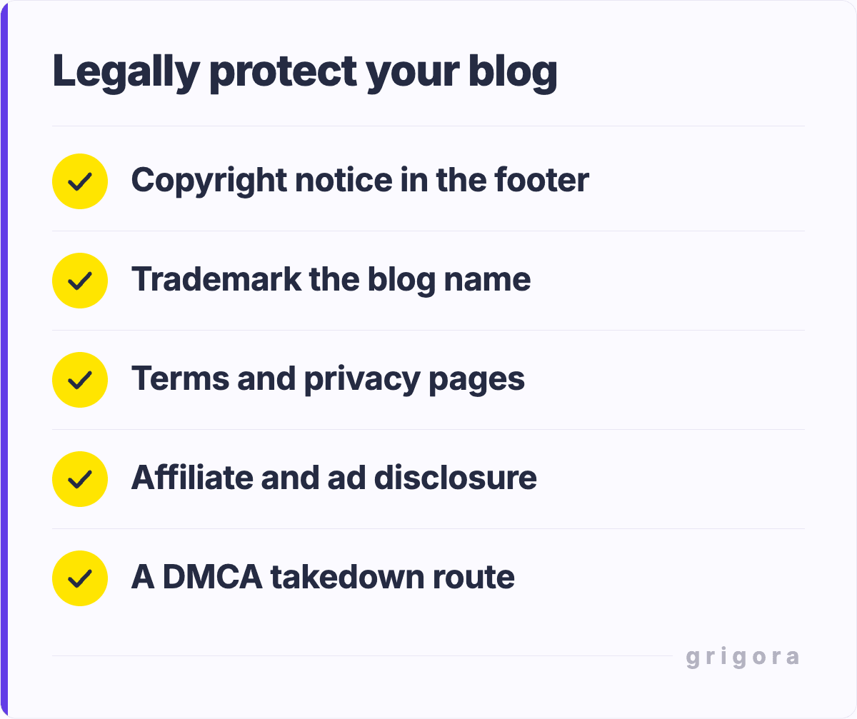 Legally protect your blog: Copyright notice in the footer; Trademark the blog name; Terms and privacy pages; Affiliate and ad disclosure; A DMCA takedown route