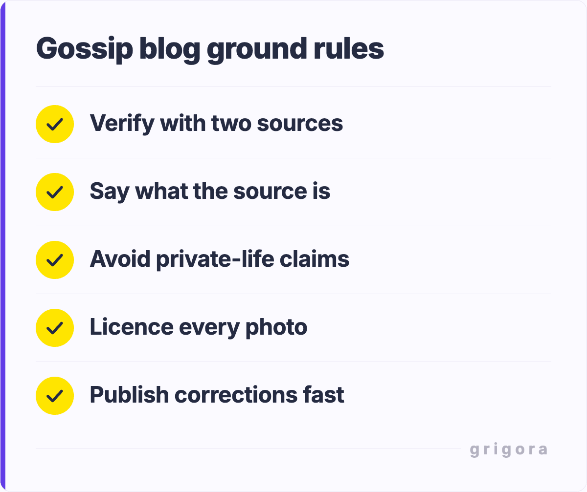 Gossip blog ground rules: Verify with two sources; Say what the source is; Avoid private-life claims; Licence every photo; Publish corrections fast