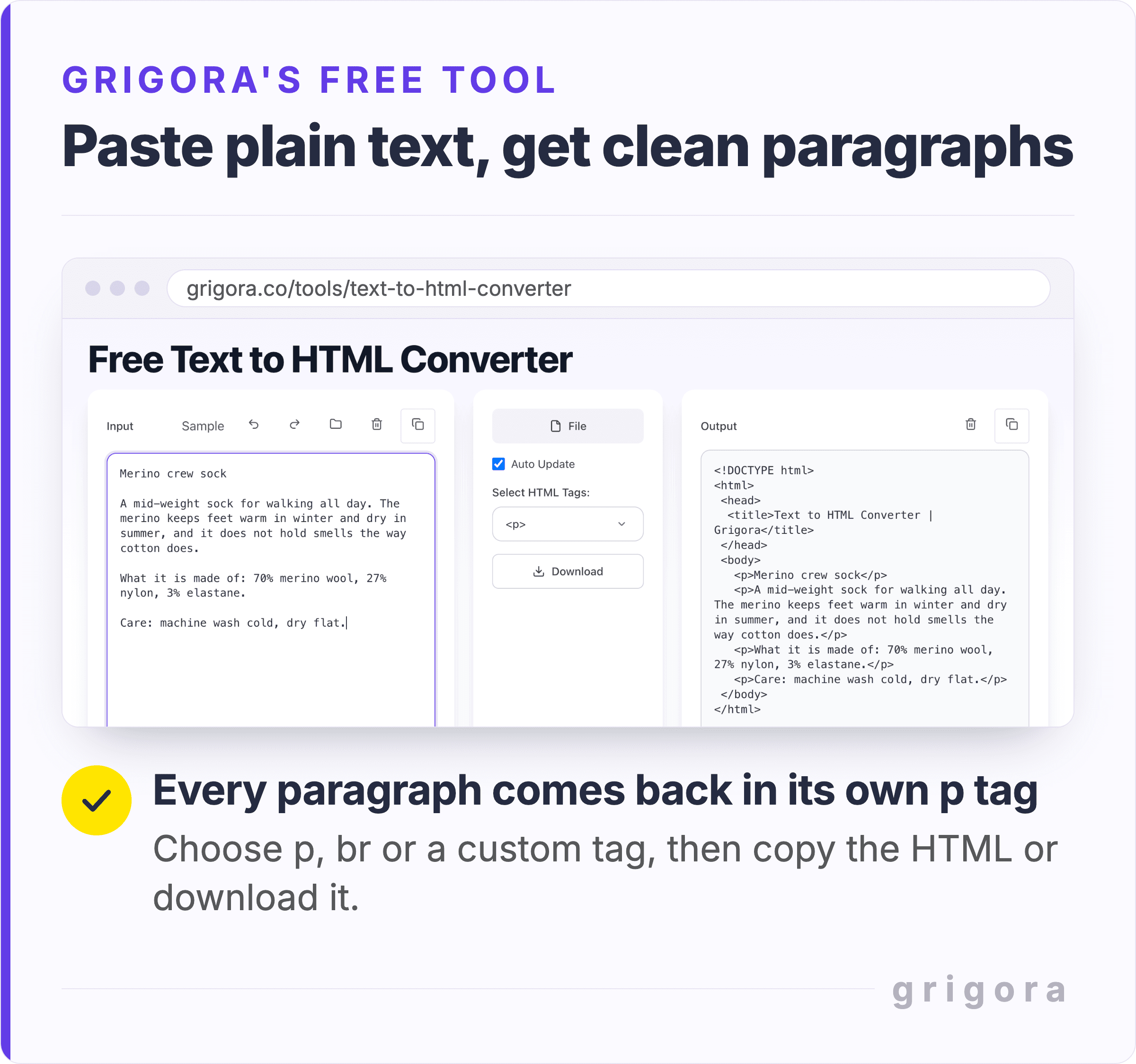 Grigora's free Text to HTML Converter with a plain-text product description for a merino crew sock on the left and the converted HTML on the right, where each paragraph is wrapped in its own p tag.