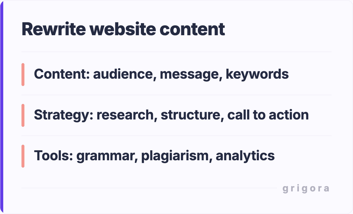 Rewrite website content: Content: audience, message, keywords; Strategy: research, structure, call to action; Tools: grammar, plagiarism, analytics