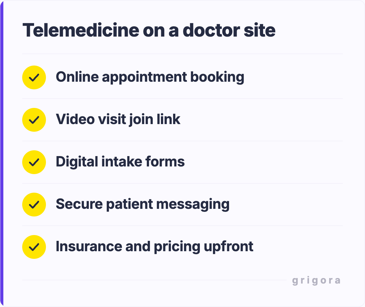 Telemedicine on a doctor site: Online appointment booking; Video visit join link; Digital intake forms; Secure patient messaging; Insurance and pricing upfront