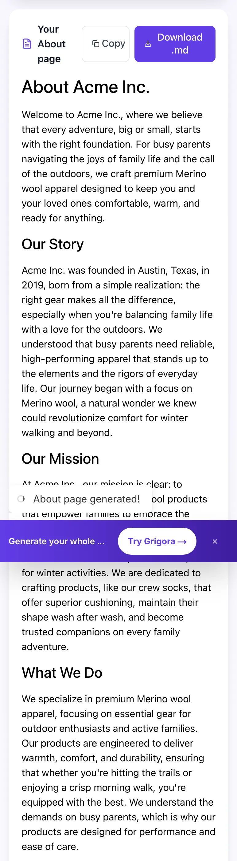 About Us Page Generator showing its result