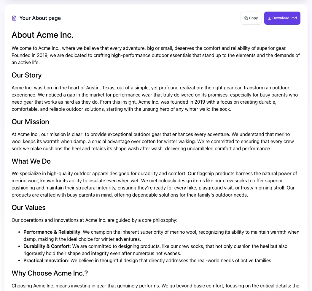 About Us Page Generator showing its result