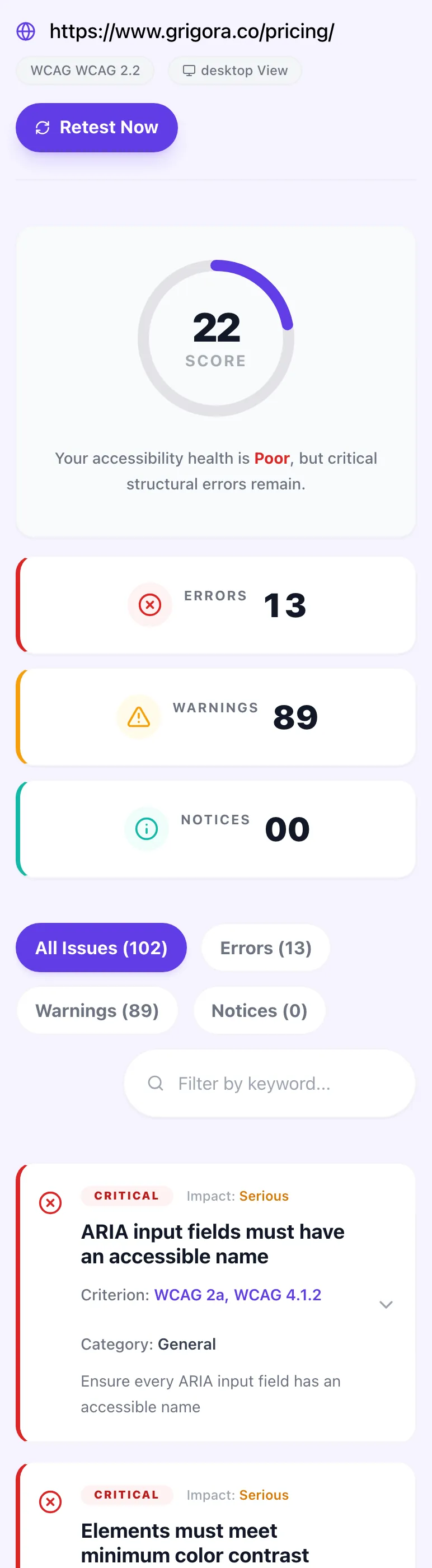 Accessibility Checker showing its result