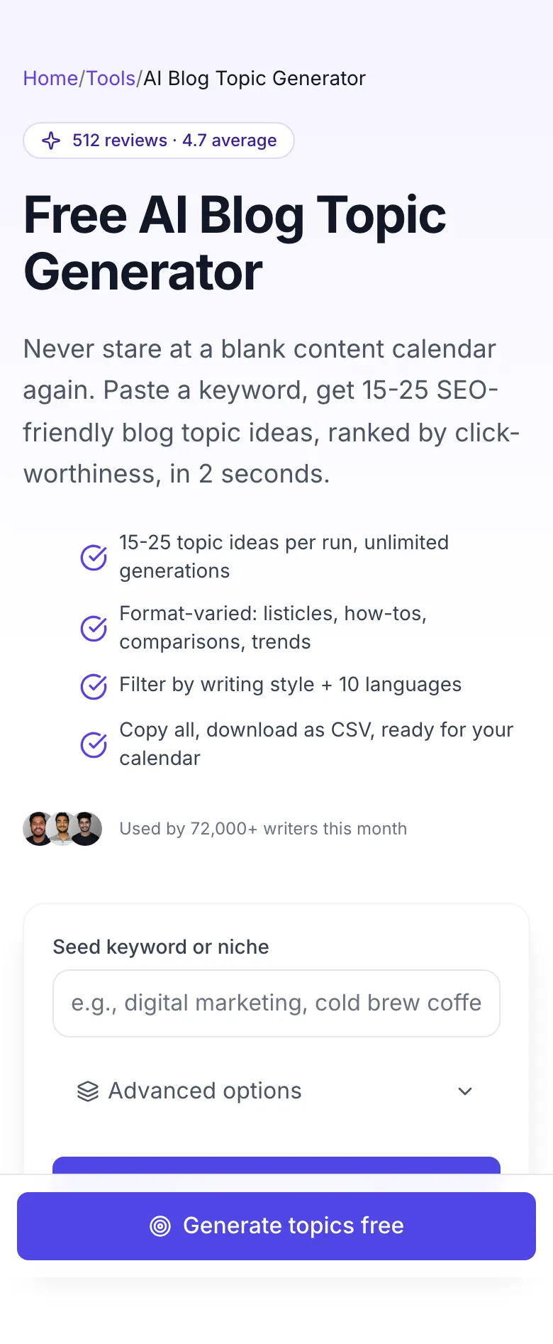 Empty AI Blog Topic Generator before any input