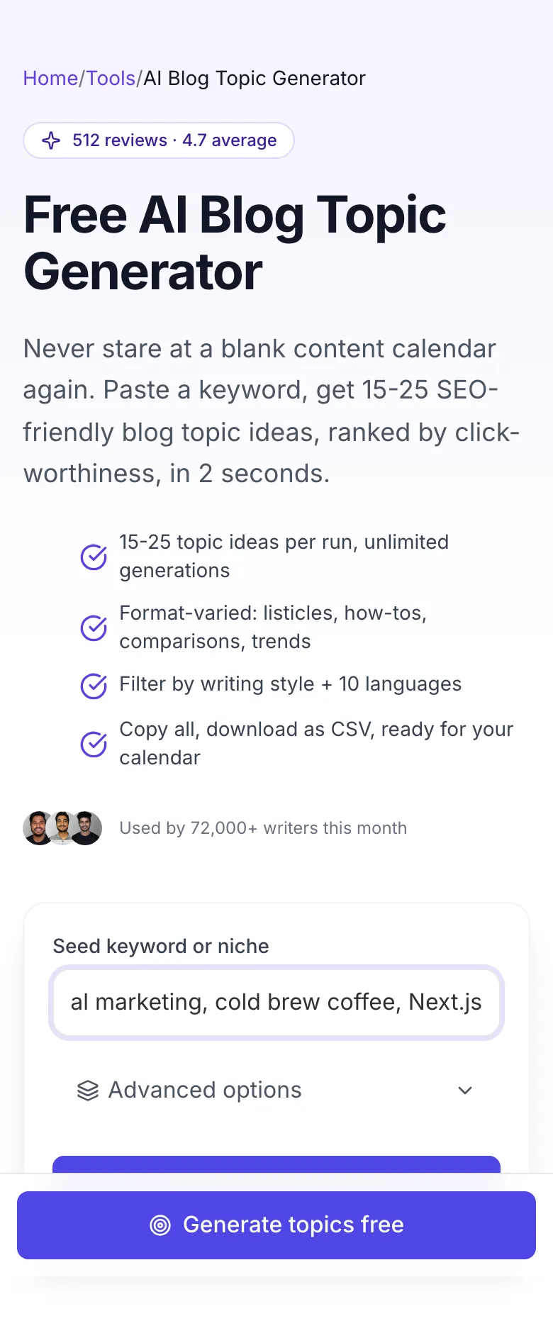AI Blog Topic Generator with input filled in
