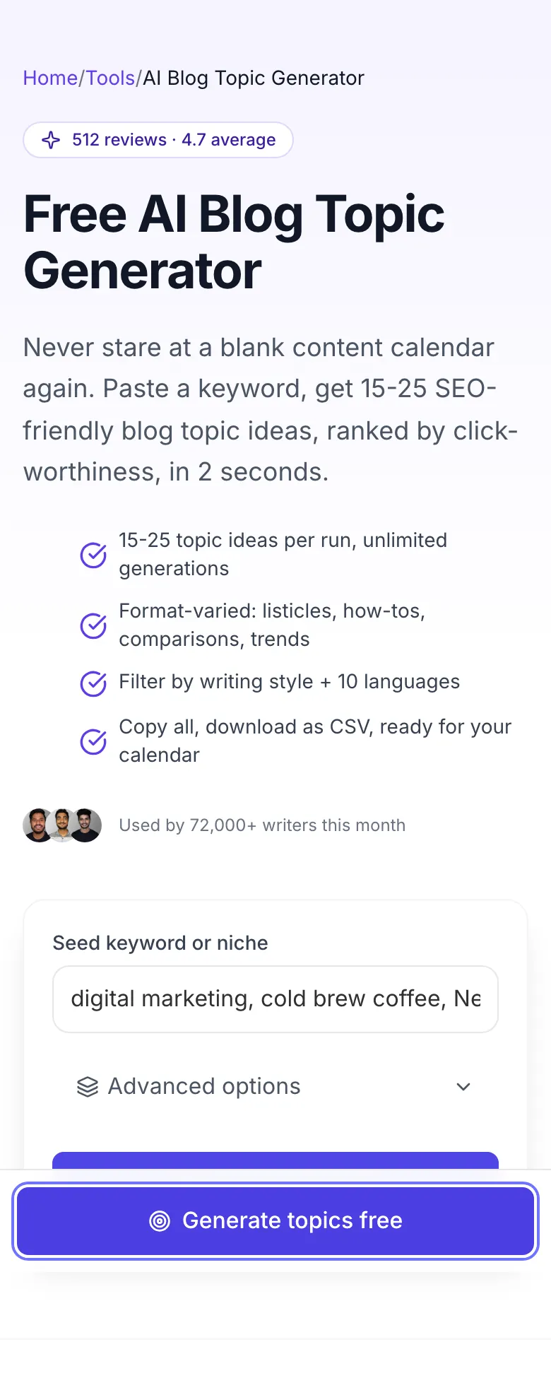 AI Blog Topic Generator showing its result