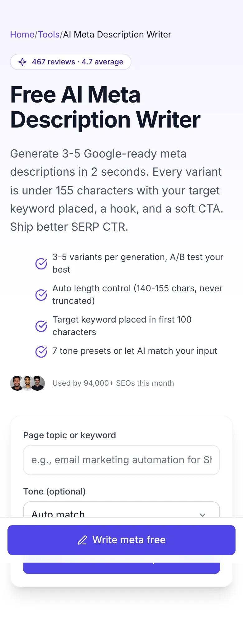 Empty AI Meta Description Writer before any input
