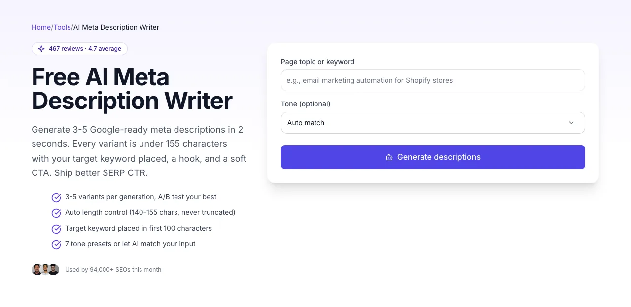 Empty AI Meta Description Writer before any input