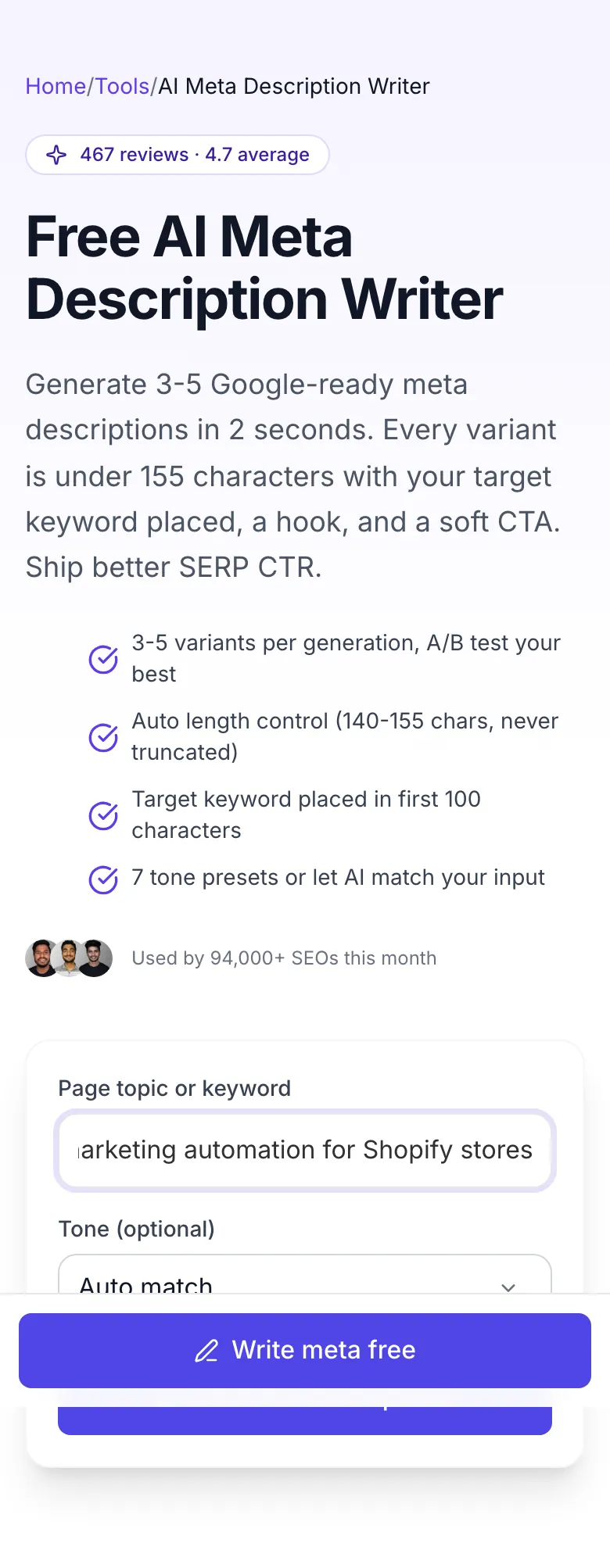 AI Meta Description Writer with input filled in