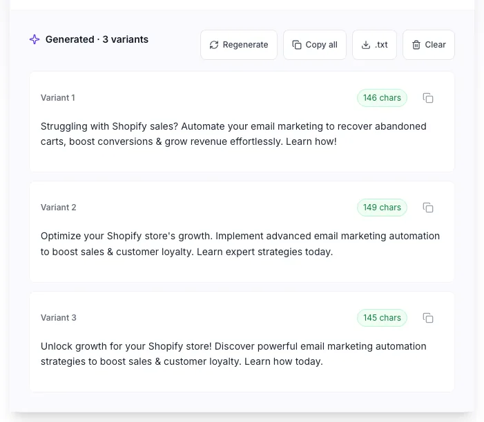 AI Meta Description Writer showing its result