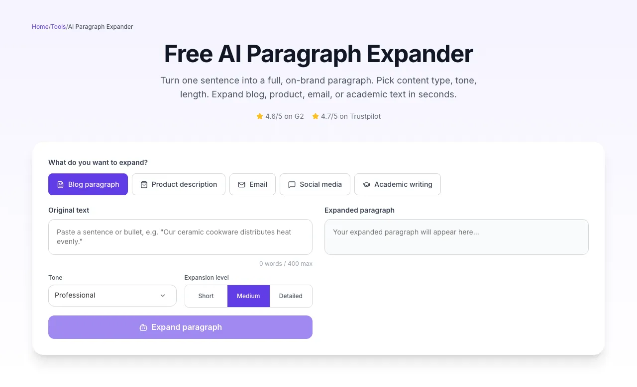 Empty AI Paragraph Expander before any input