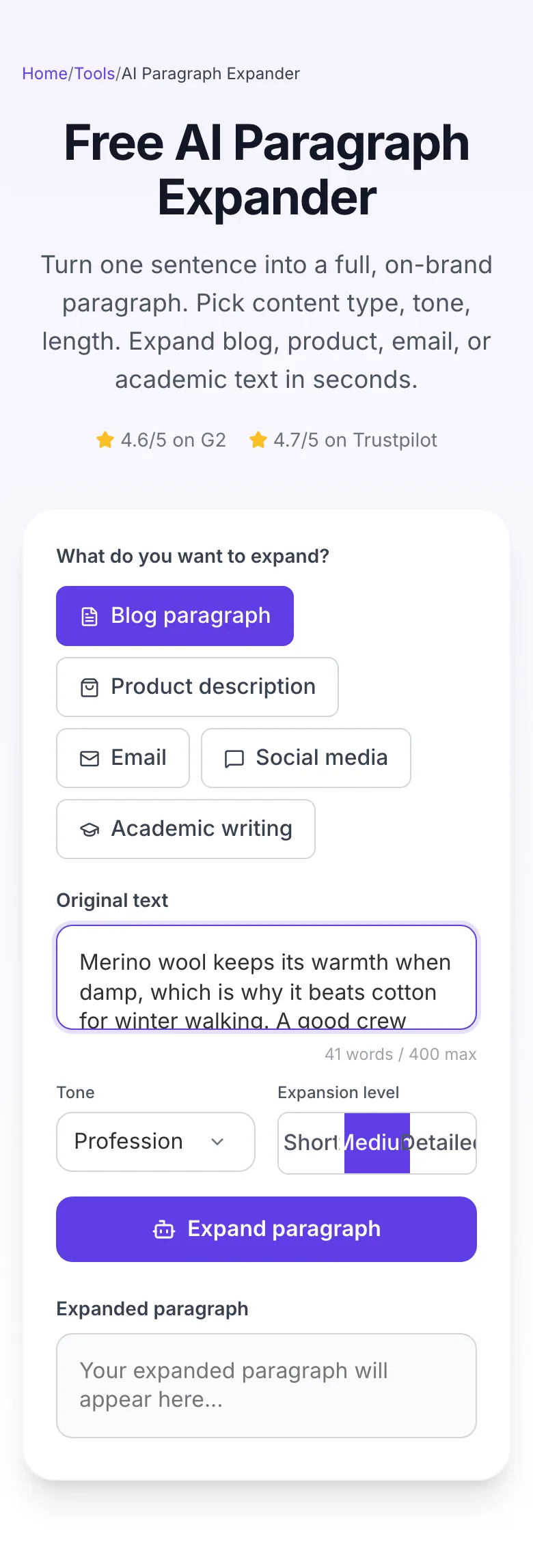 AI Paragraph Expander with input filled in