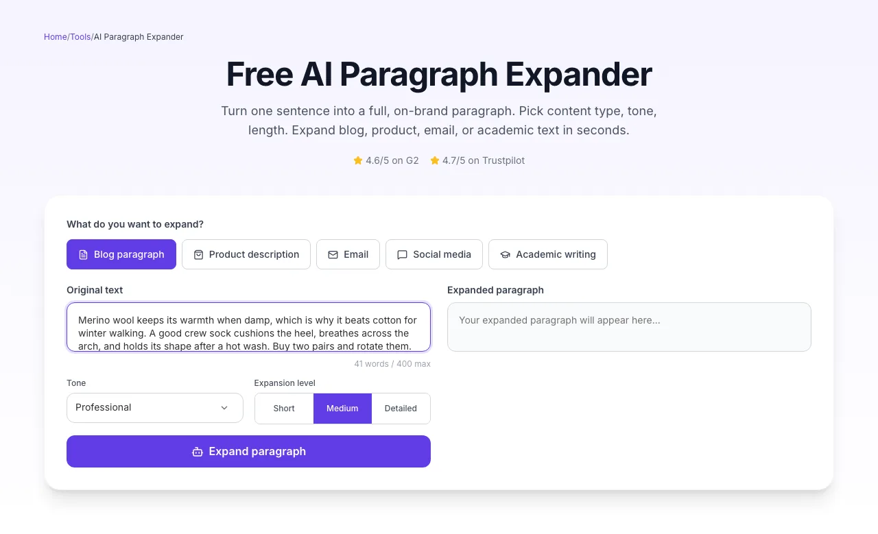 AI Paragraph Expander with input filled in