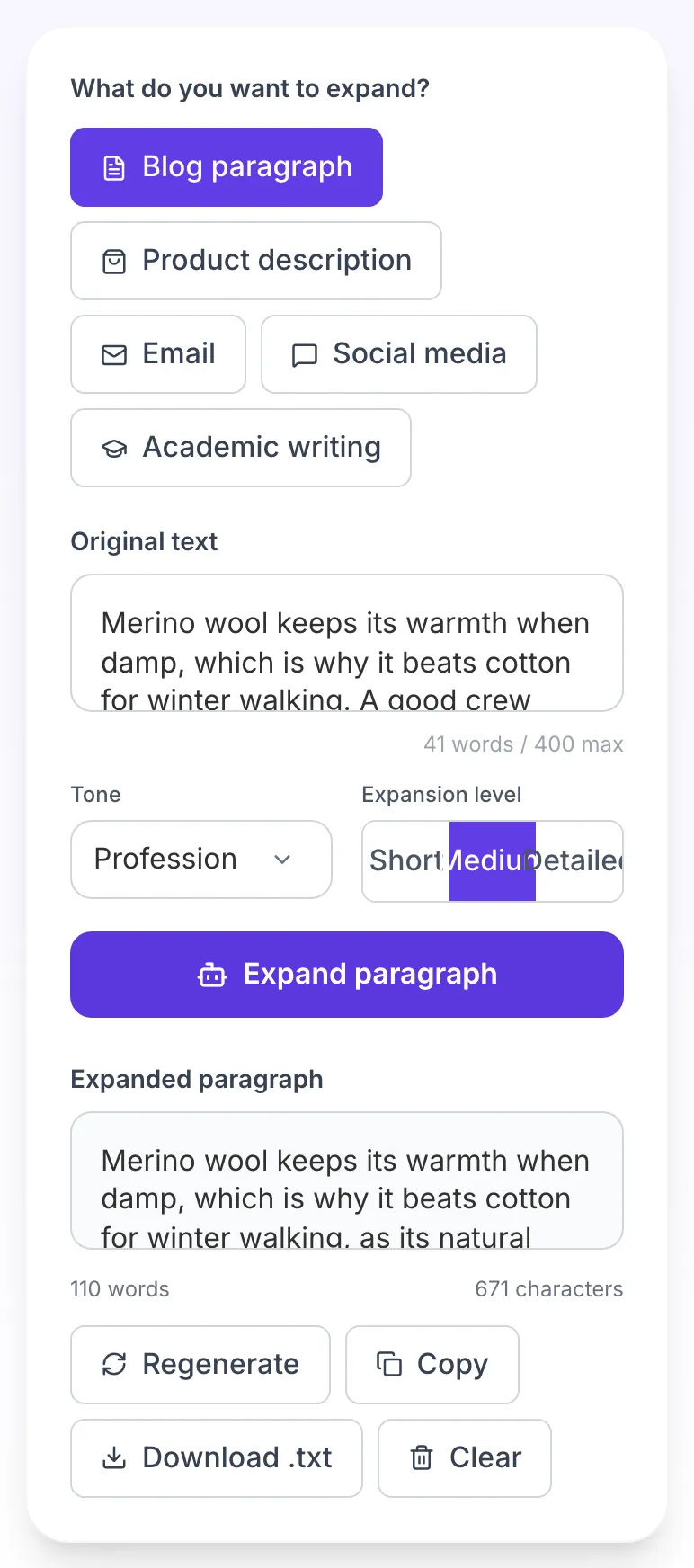 AI Paragraph Expander showing its result