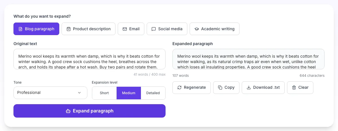 AI Paragraph Expander showing its result