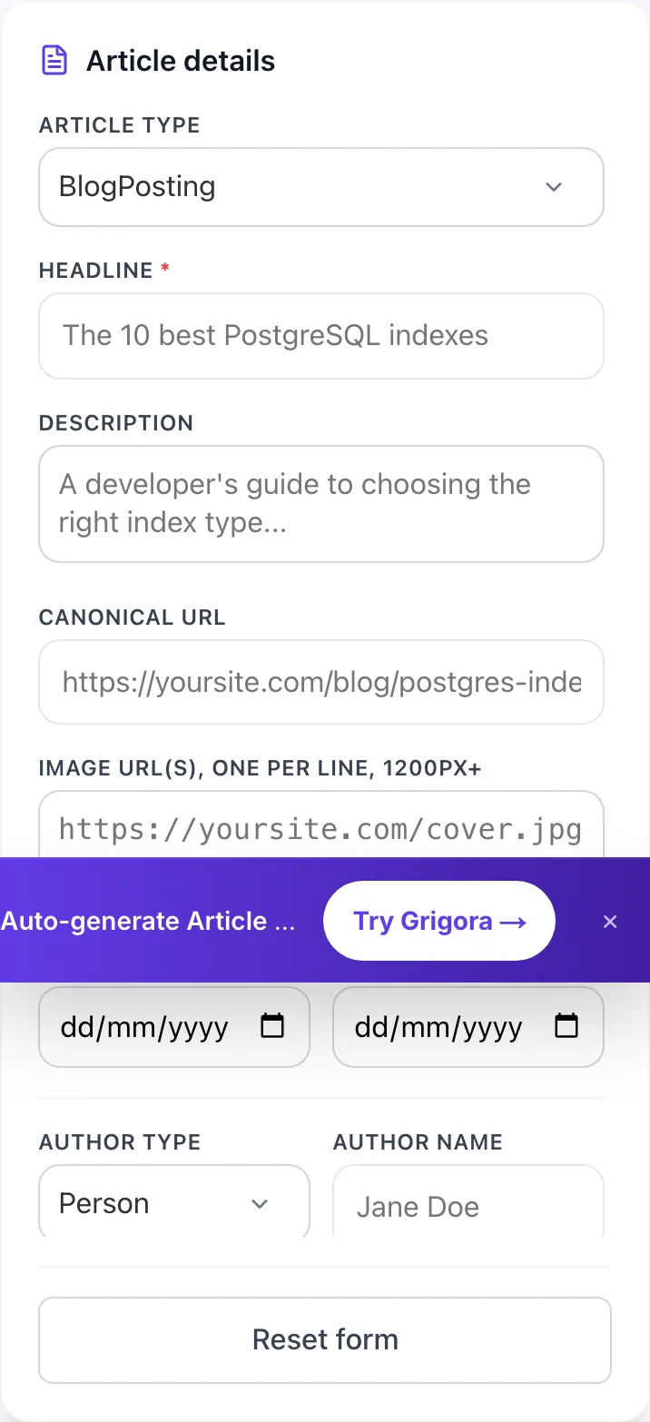 Empty Article Schema Generator before any input