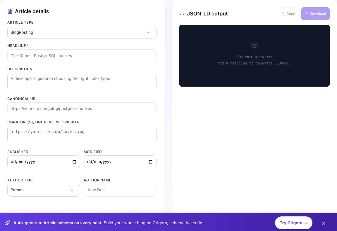 Empty Article Schema Generator before any input