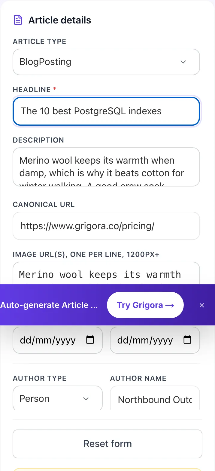 Article Schema Generator with input filled in