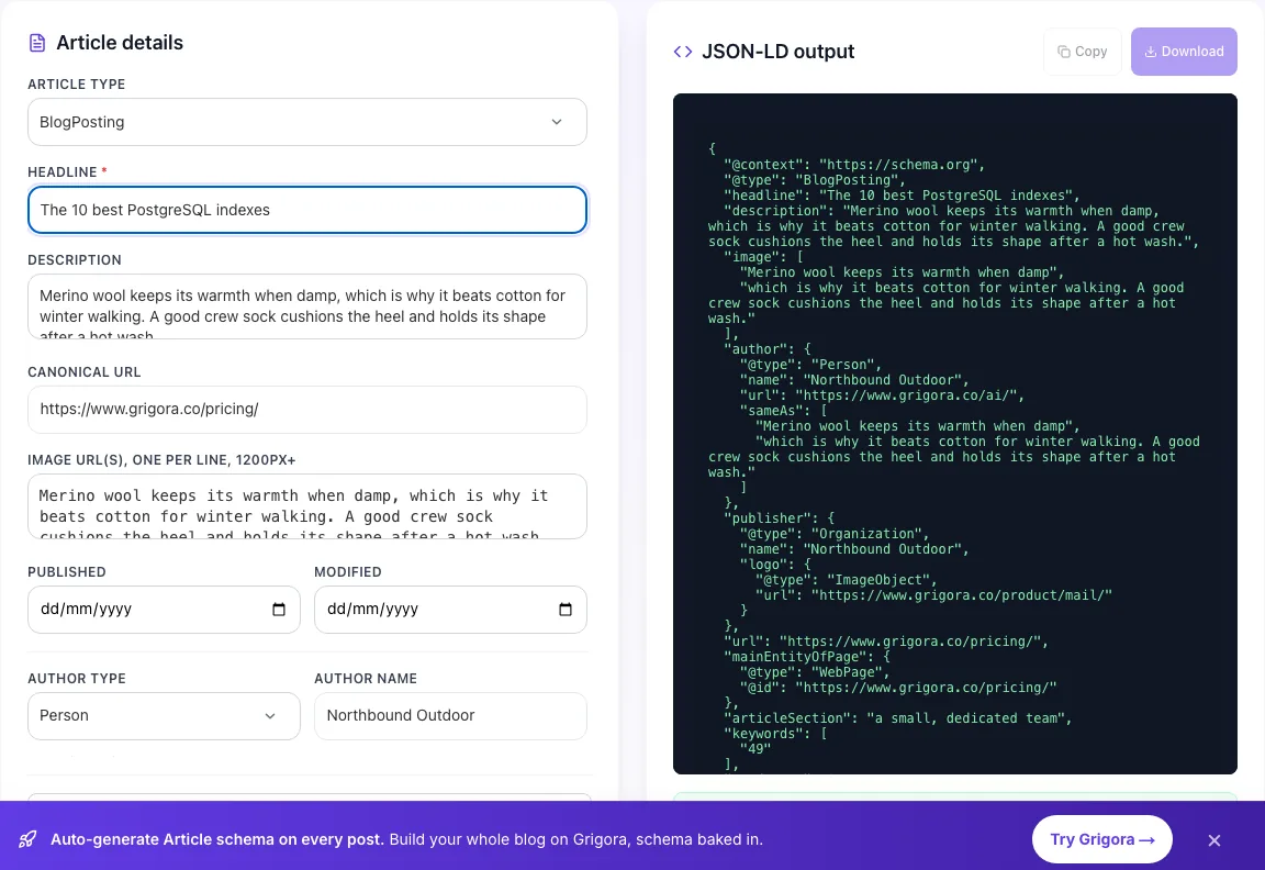Article Schema Generator with input filled in
