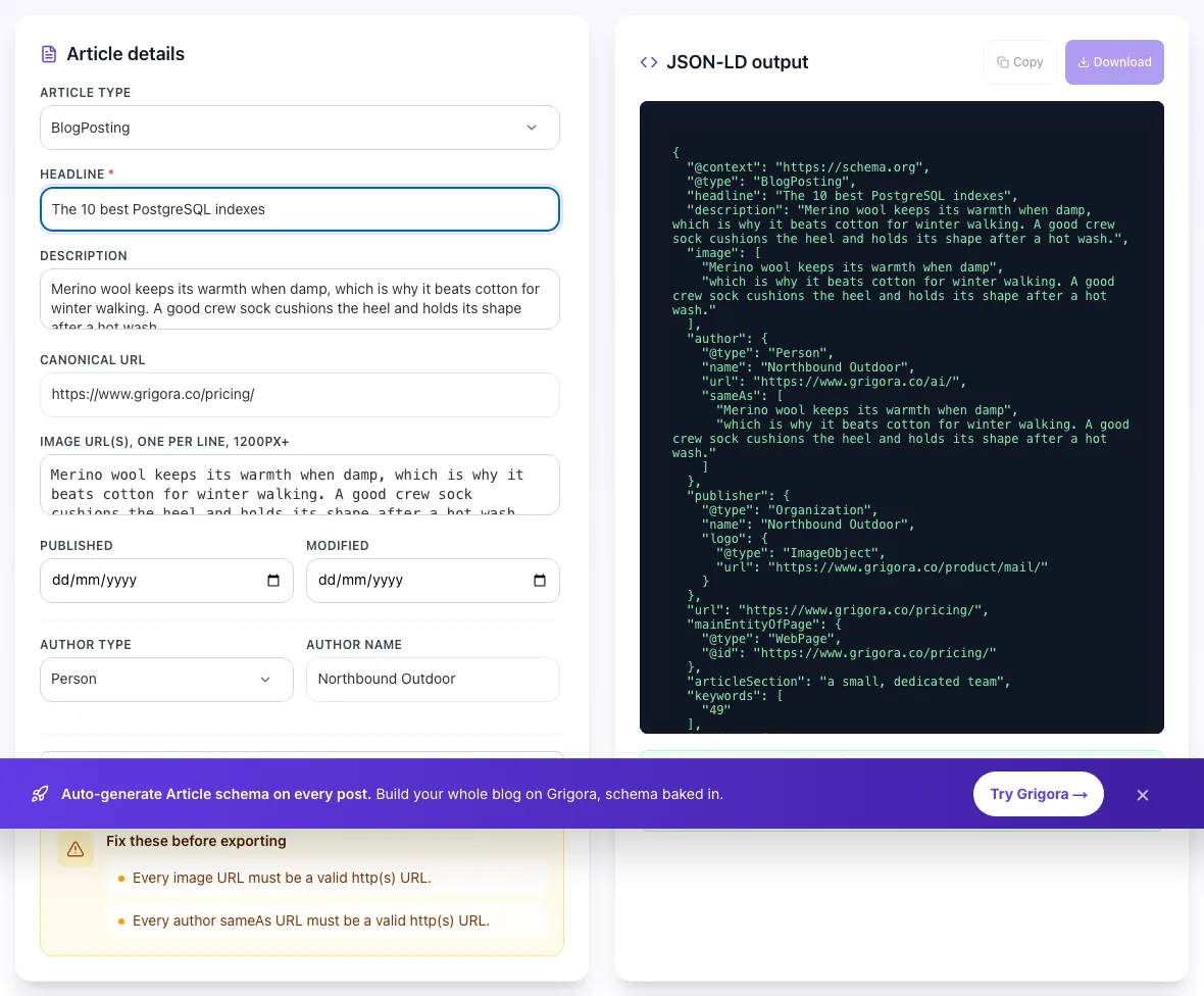 Article Schema Generator showing its result