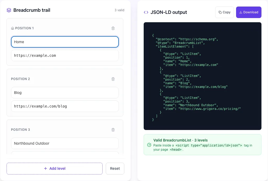 Breadcrumb Schema Generator with input filled in