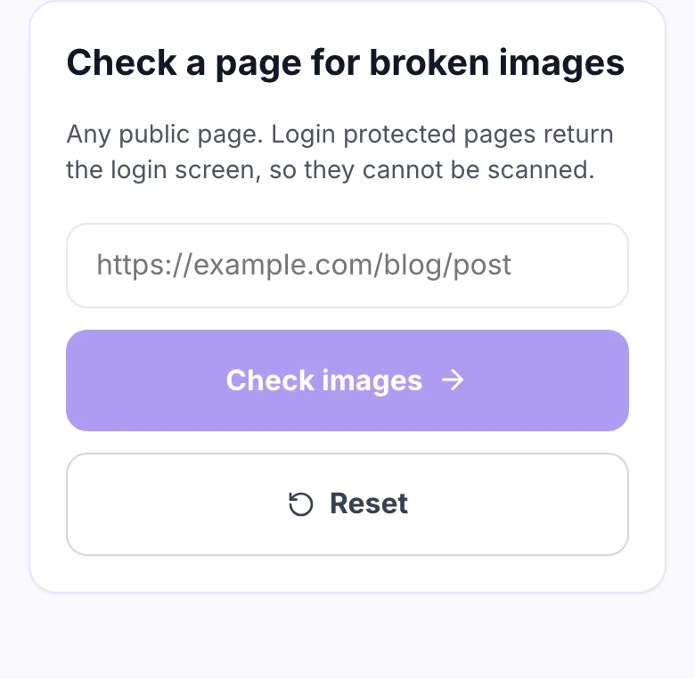 Broken image checker showing an empty page URL field