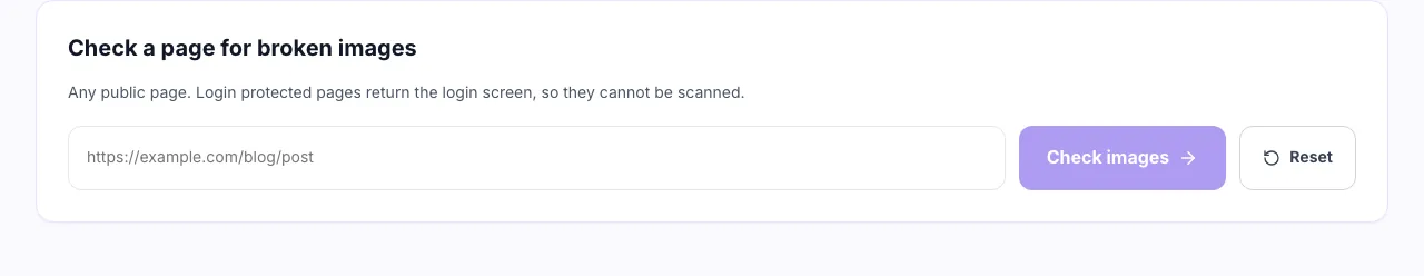 Broken image checker showing an empty page URL field