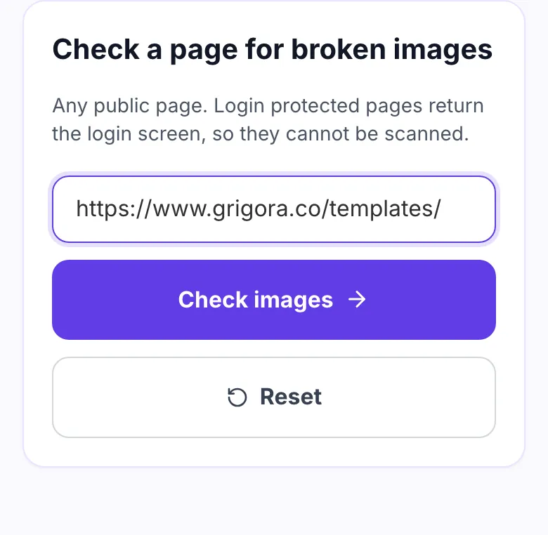 Broken image checker with a page URL entered and ready to run