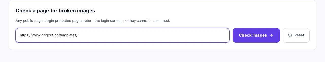 Broken image checker with a page URL entered and ready to run