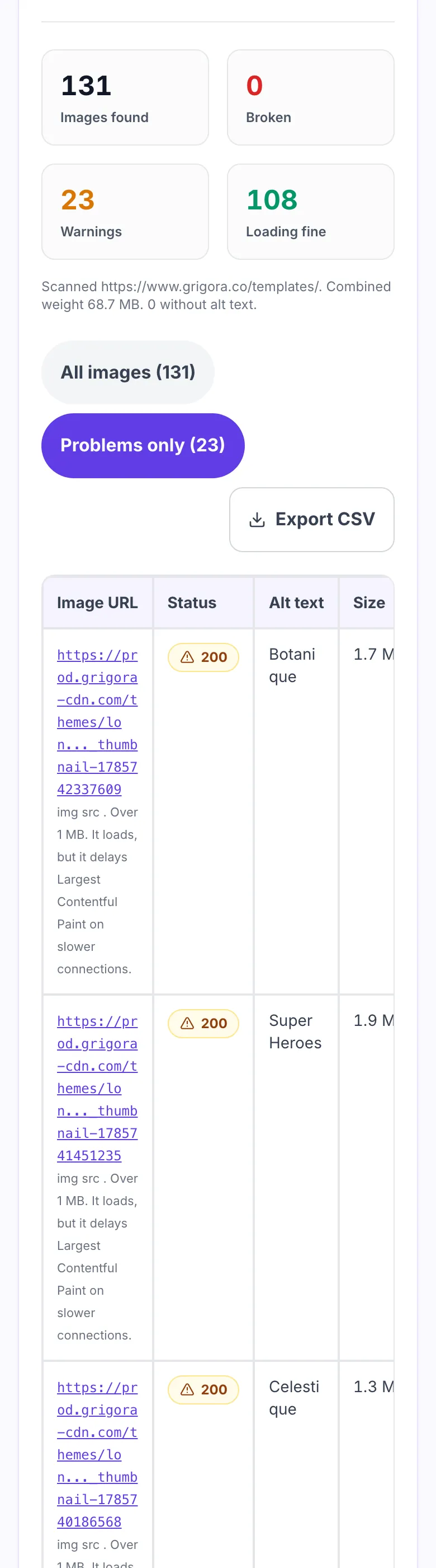 Results showing 131 images found, 0 broken and 23 warnings, listing oversized images that still return status 200