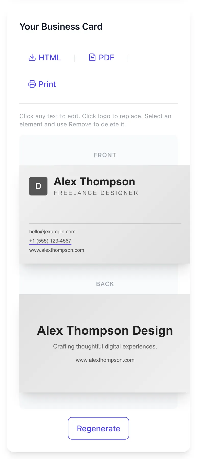 Business Card Maker showing its result