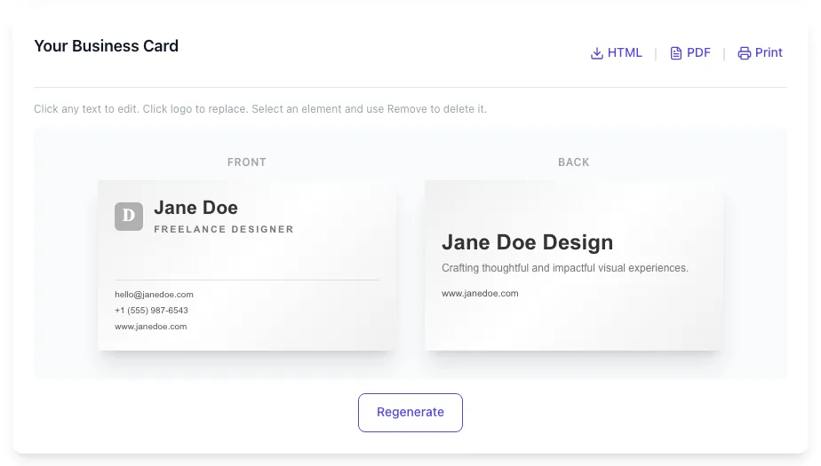 Business Card Maker showing its result