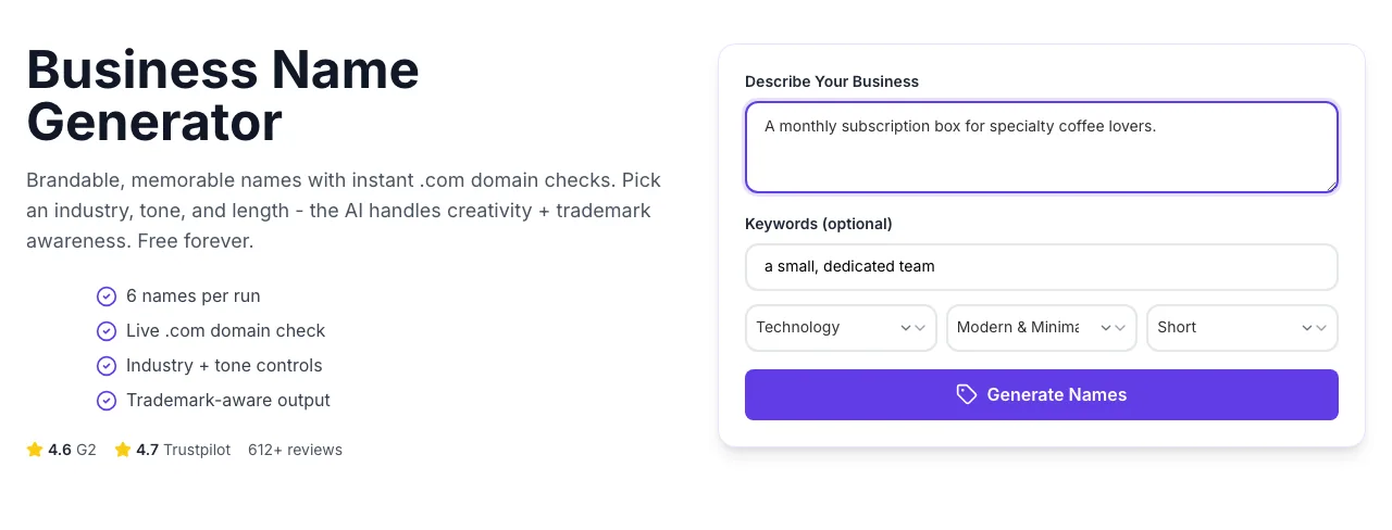 Business Name Generator with input filled in