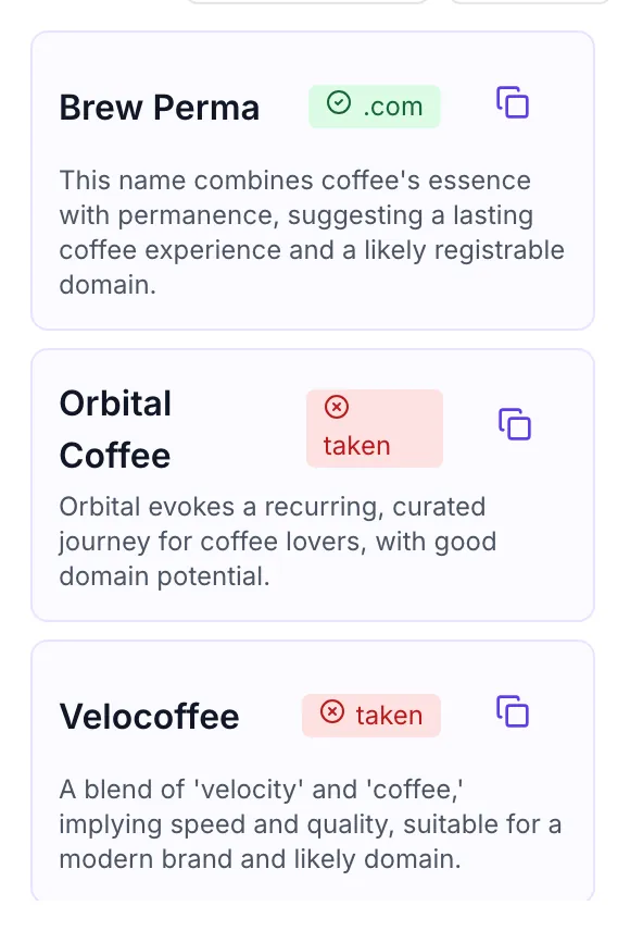 Business Name Generator showing its result