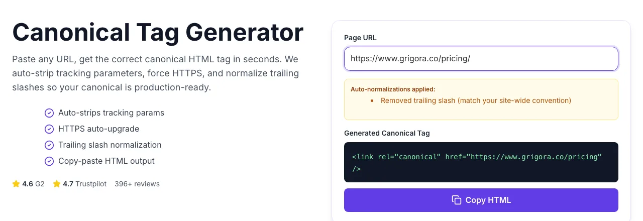 Canonical Tag Generator with input filled in