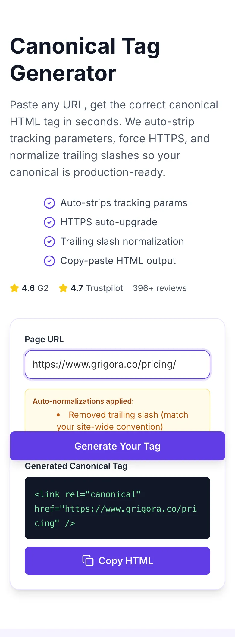 Canonical Tag Generator showing its result
