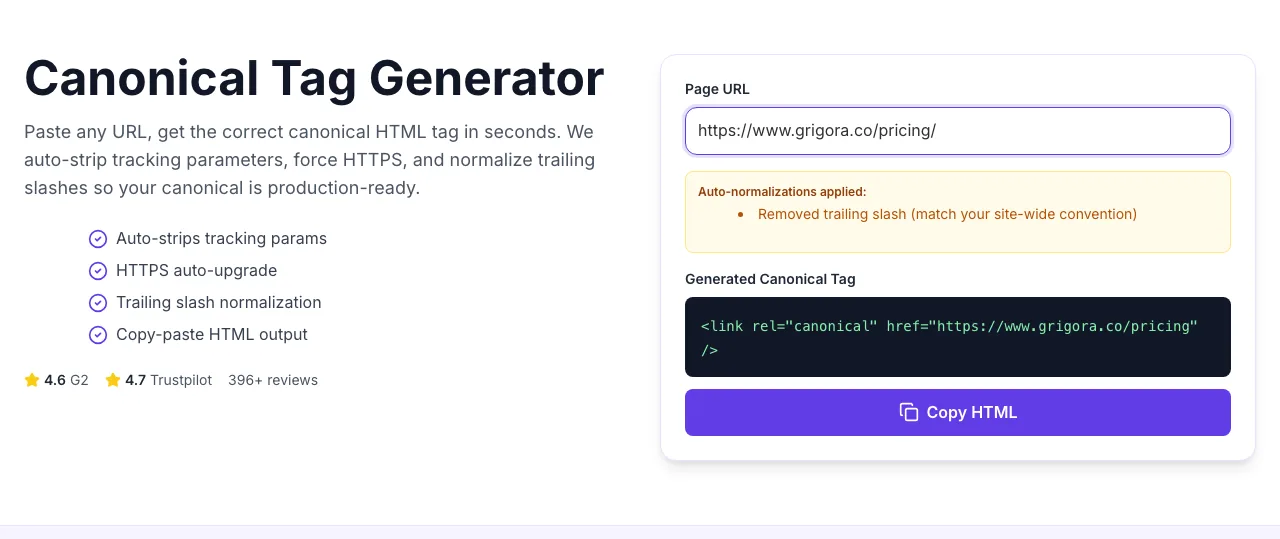 Canonical Tag Generator showing its result