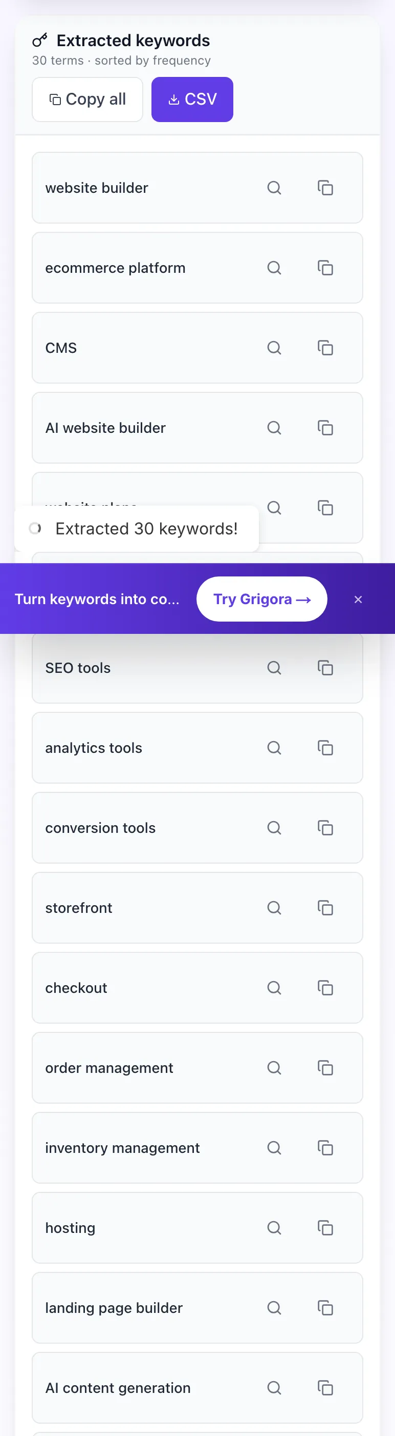 Competitor Keyword Extractor showing its result