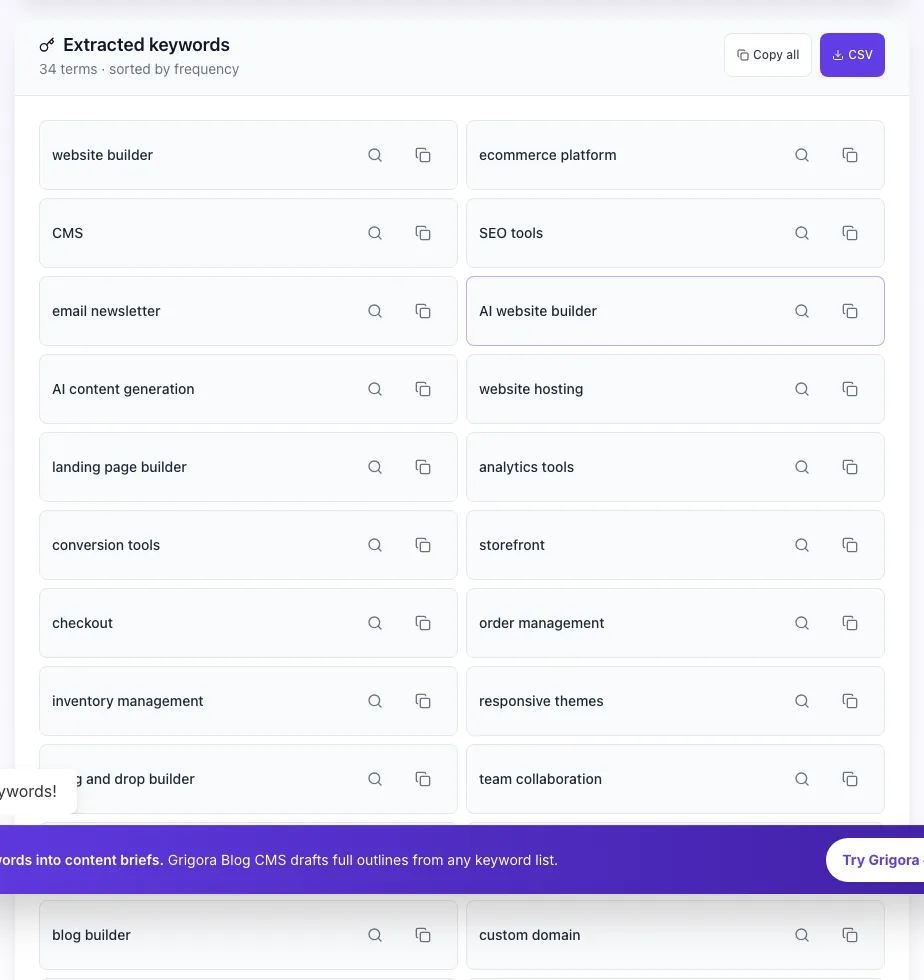 Competitor Keyword Extractor showing its result