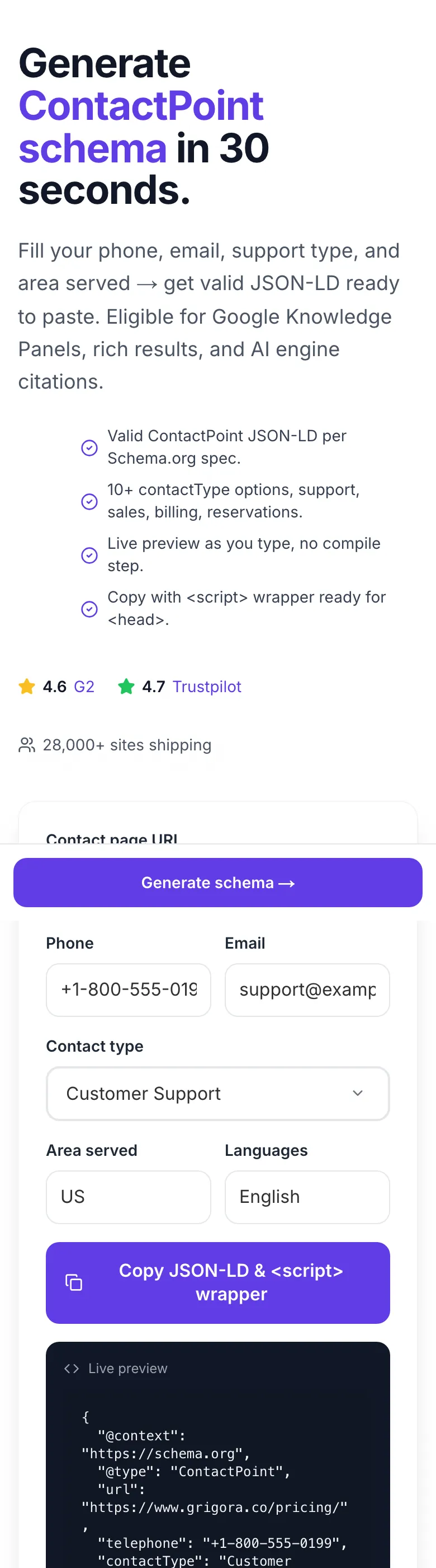 Contact Schema Generator showing its result
