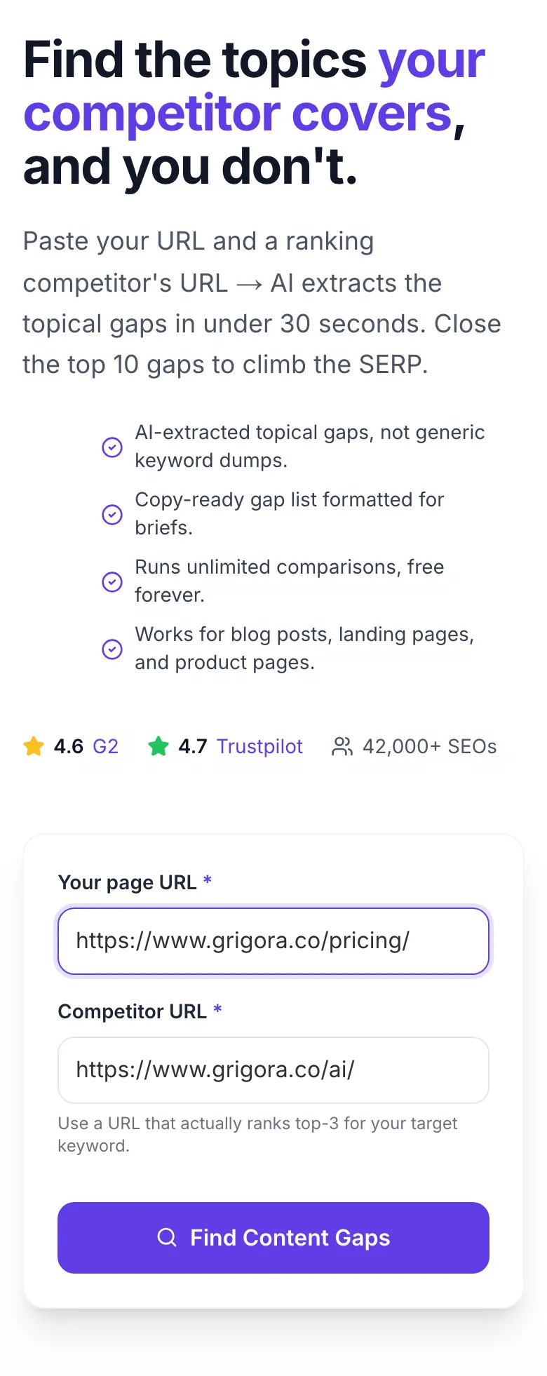 Content Gap Finder Lite with input filled in