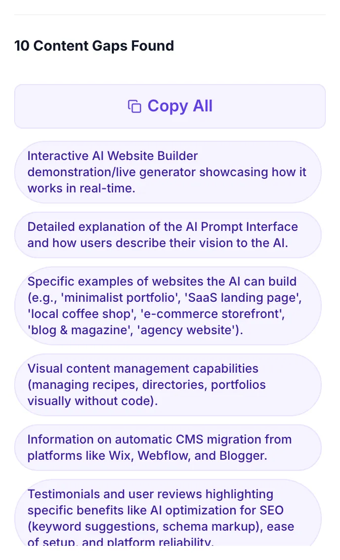 Content Gap Finder Lite showing its result