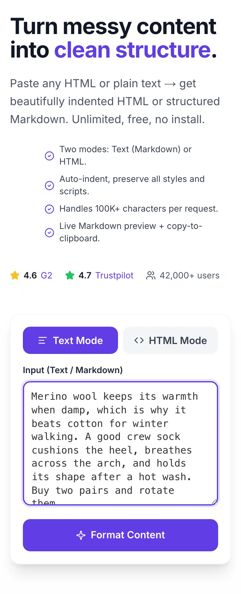 Content Structure Formatter with input filled in