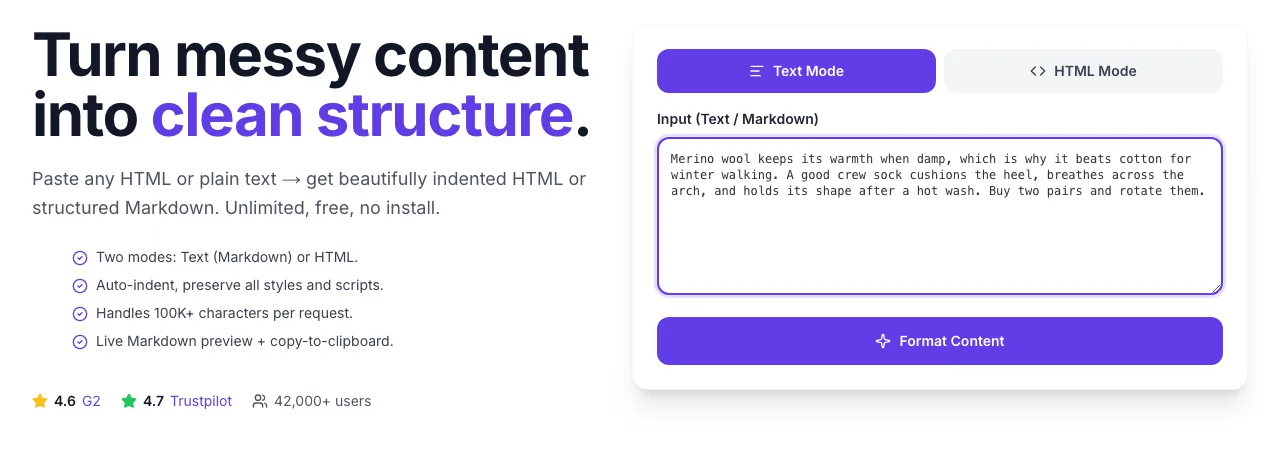 Content Structure Formatter with input filled in