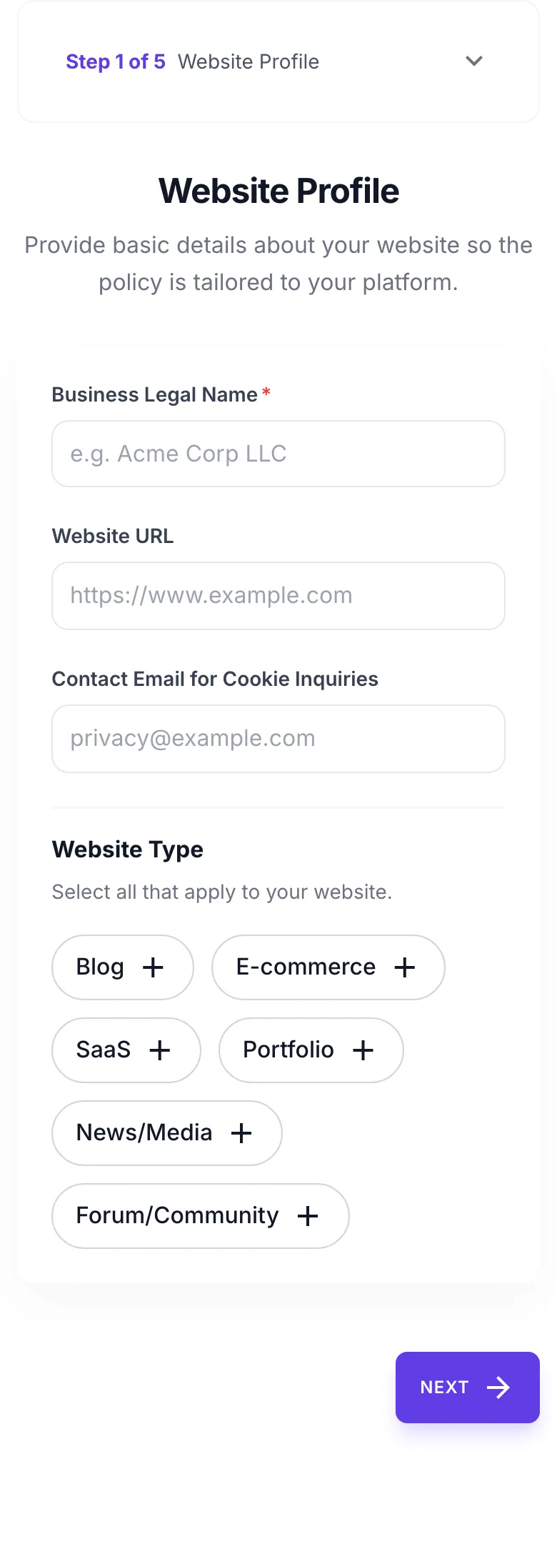 Empty Cookie Policy Generator before any input